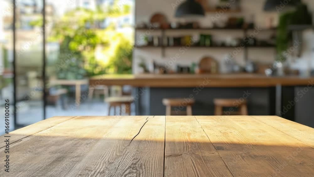 Wooden table in kitchen area of coffee shop. Wooden table in kitchen area of coffee shop.