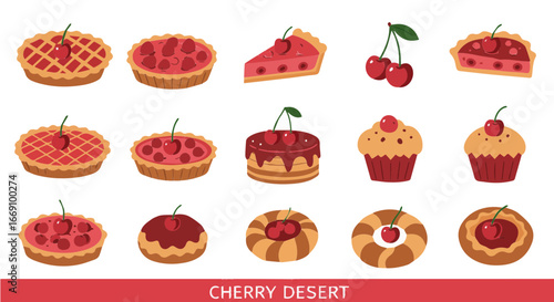 Cherry popover period vector delicious cherry pie dessert vector illustration featuring cherry tarts cupcakes and cakes for bakery designs