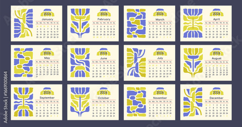 Monthly Calendar 2026 template for wall print, desktop. Horizontal daily planner with minimalist design. Matisse flower art. Yearly pages for business. Printable stationery. Sunday start. Vector