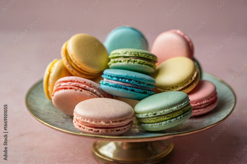 Obraz premium Assortment of Colorful French Macarons on a Cake Stand