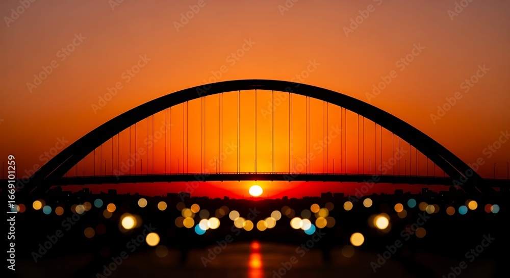 Obraz premium Dramatic sunset behind a modern arch bridge creating a captivating silhouette effect