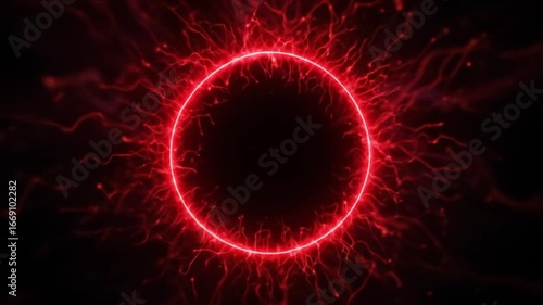 Abstract red circle plasma lightning particle effect, ring with swirling light particles overlay visual effect layer. 4k video