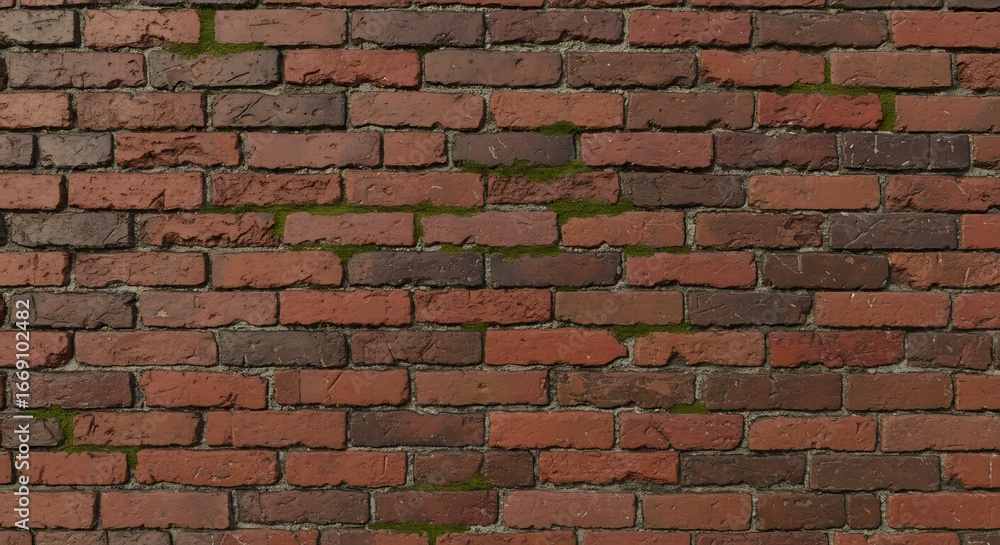 Obraz premium A weathered brick wall with mortar dark red and brown bricks with patches of green moss