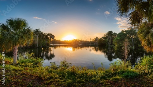 serene sunset over tranquil waters of a lake in coral springs florida surrounded by lush green palm trees and vibrant tropical foliage