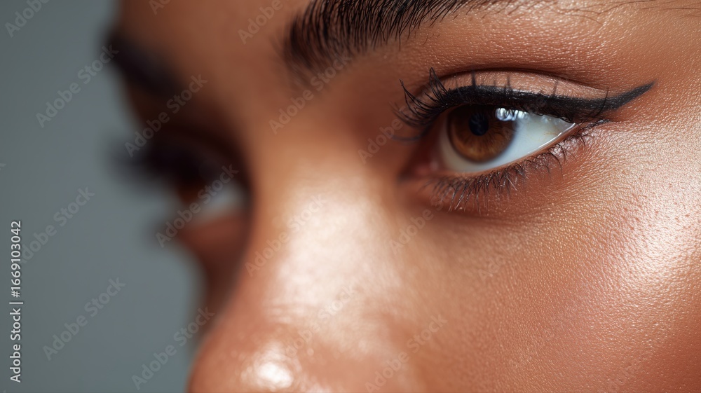 Obraz premium 褐色肌の女性の目元クローズアップ。キャットアイ風のアイラインが強調された美容ポートレート。