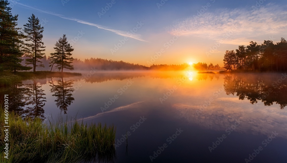 Fototapeta premium a peaceful sunrise over a calm lake with mist and trees reflecting on the colorful water