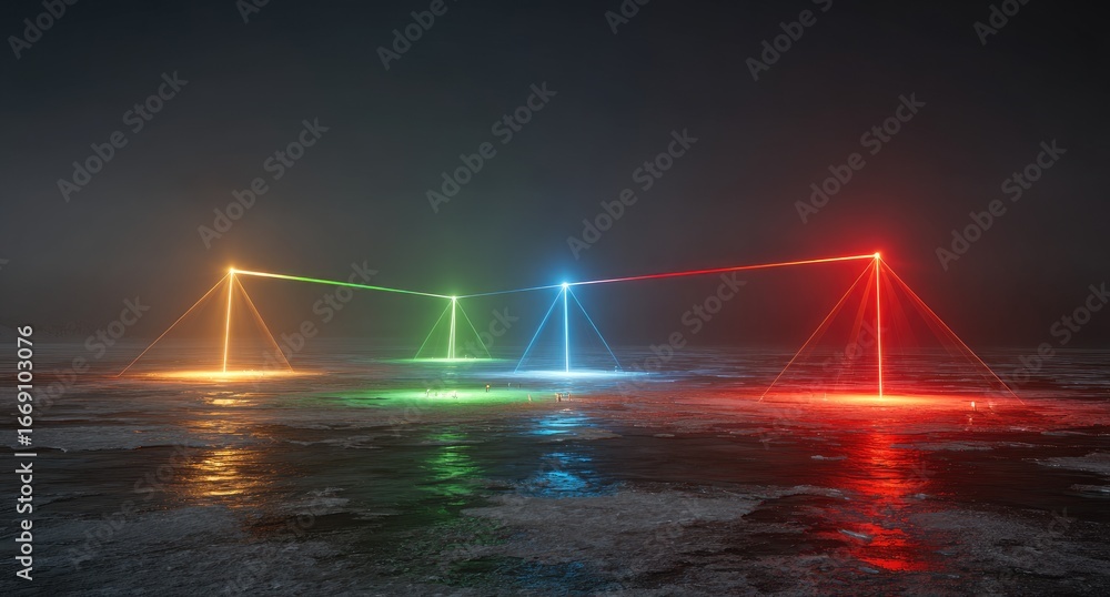 Fototapeta premium Four vibrant light beams, spanning a frozen landscape