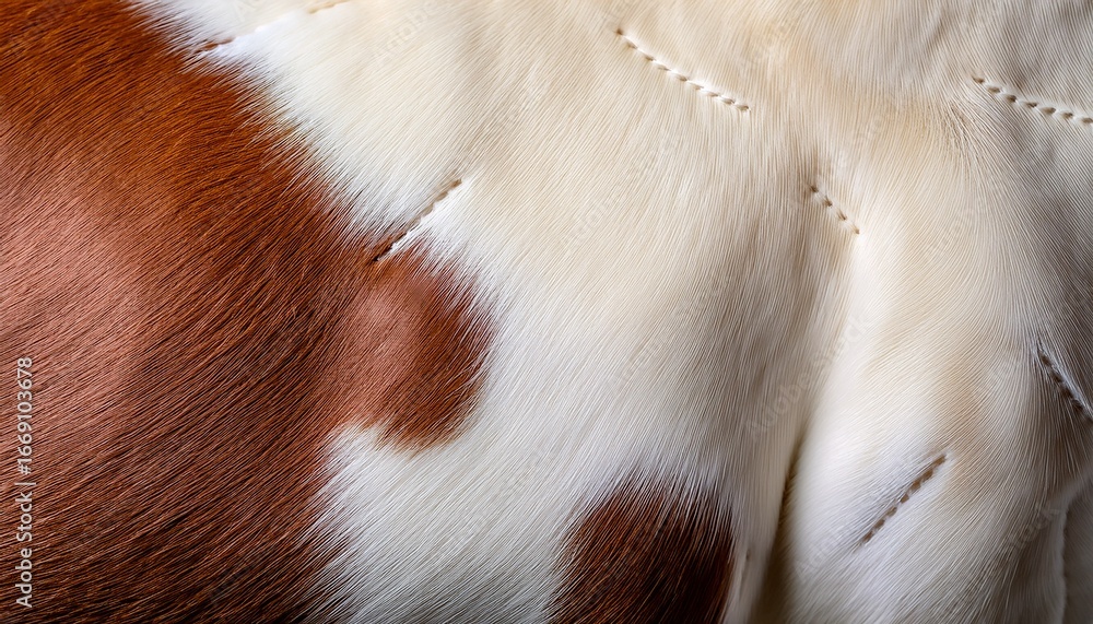 Fototapeta premium close up image of a soft white and light brown animal hide with visible fur texture and natural stitching