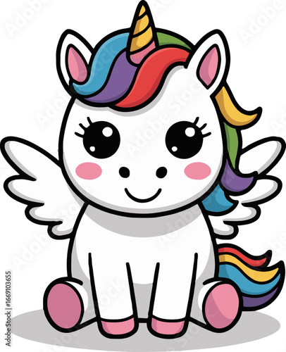 A cute cartoon unicorn with rainbow hair and wings sitting on a white background with a shadow