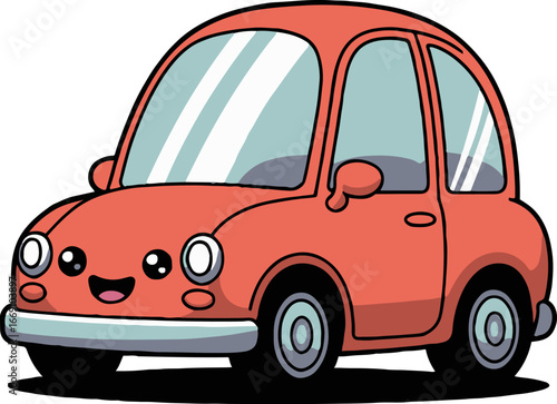 A cartoon illustration of a small red car with a happy face on a white background in vector style