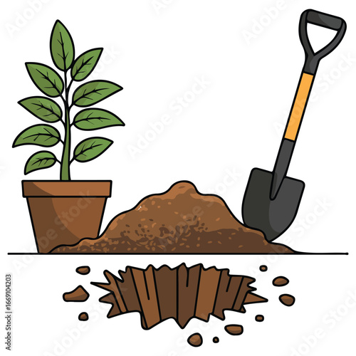 Gardening design with soil heap and shovel vector illustration