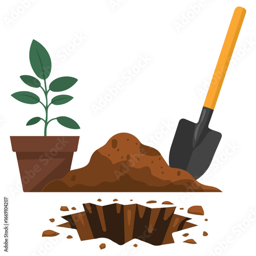 Planting concept with ground pit and shovel vector illustration