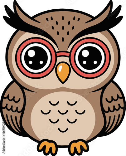 Cartoon owl with red glasses and brown feathers standing on a white background looking forward