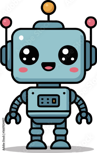 A cartoon robot with a square head and round antenna standing on a white background smiling sweetly