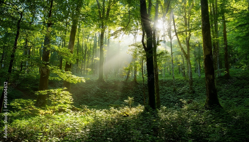 Obraz premium sunlight streams through the canopy of a lush forest