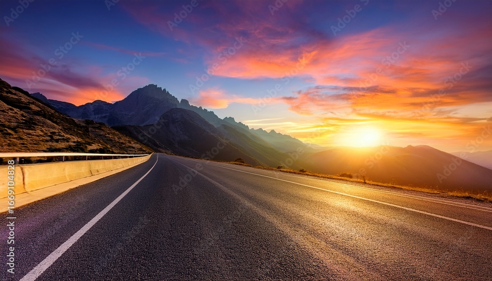 Fototapeta premium sunset road view from car with mountain silhouette and colorful sky