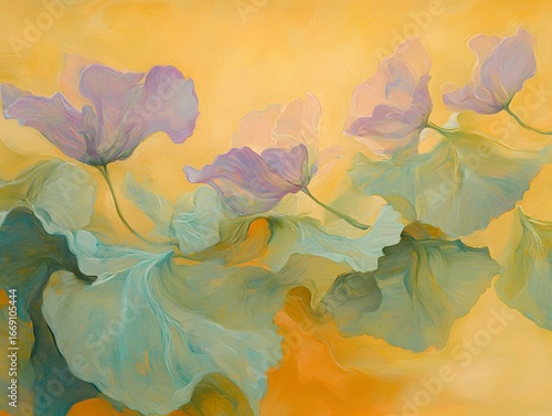 Abstract Floral Painting Purple Flowers Yellow Background Artistic Impression