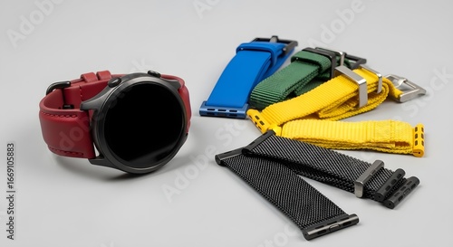 Close-up of a smartwatch with various colored watch straps, accessories.