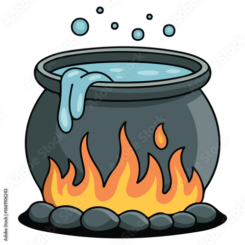 Cauldron over bonfire boiling water vector isolated illustration