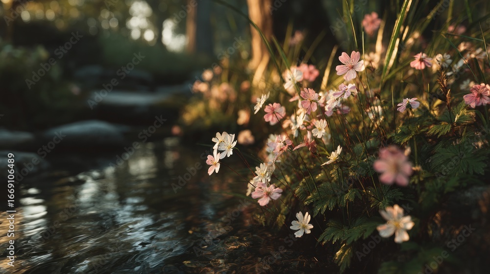 Naklejka premium Delicate blossoms by a tranquil stream