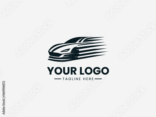 Dynamic speeding car with motion lines and sleek design in automotive vector logo