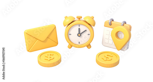 3D Rendered Yellow Icons Time, Money, and Location