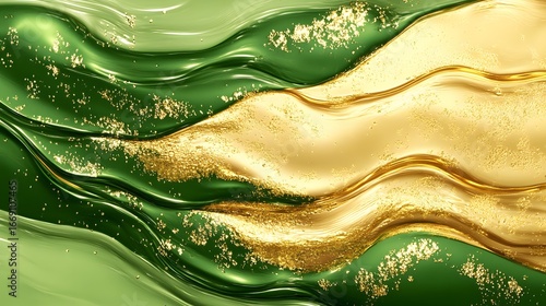 Abstract Gold and Green Liquid Swirls with Glitter