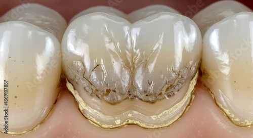 High-magnification view of a compromised molar tooth with a cracked ceramic crown and discoloration at the gingival margin