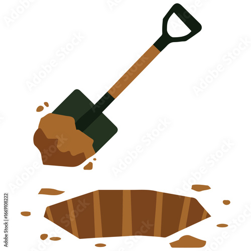 Cartoon hole in ground with soil pile shovel vector illustration
