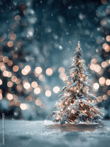 Snowy tree with lights, winter holiday scene.