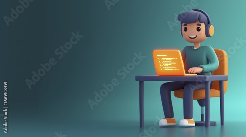 A cartoon programmer codes on a laptop while wearing headphones, working from an office.