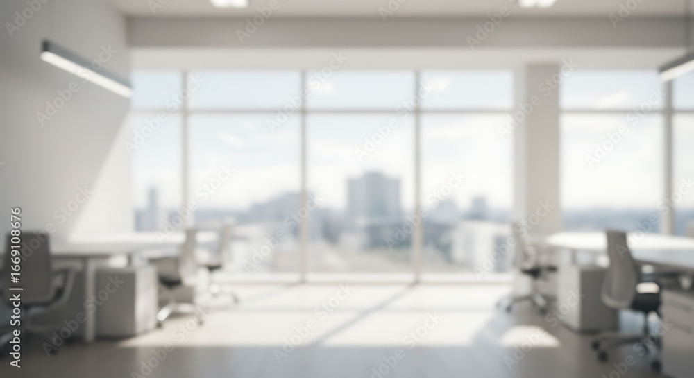Fototapeta premium Blurred Modern Office Interior with City View. Bright, Empty Workspace with Large Windows. Corporate Background, Bokeh Effect.