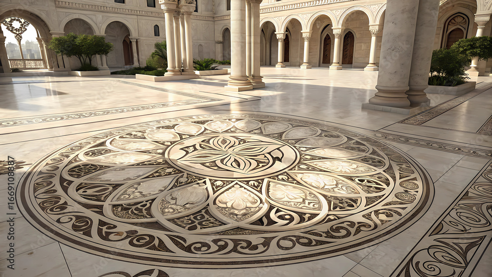 Obraz premium Ornate courtyard with marble columns and a large circular floor pattern in a middle eastern style