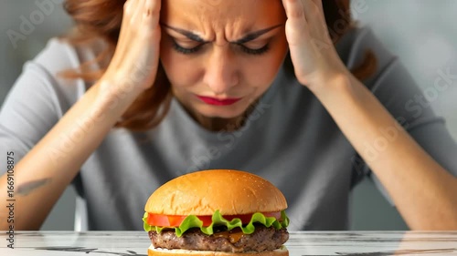 The Food Dilemma: A striking shot reveals a stressed woman wrestling with temptation as a delicious burger sits tantalizingly before her. It's a visceral exploration of desire, discipline.