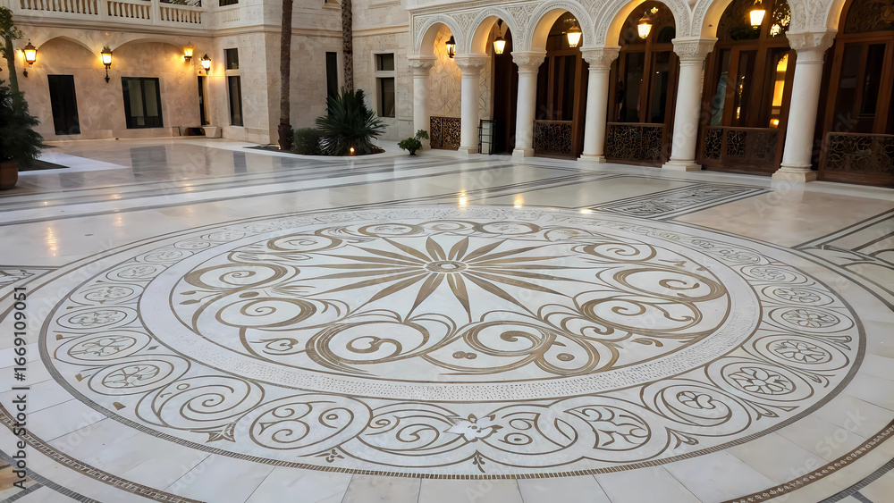Obraz premium Ornate marble floor with circular design in a courtyard with arches and columns in a building interior