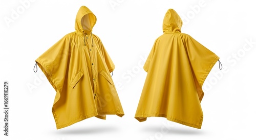 Bright yellow waterproof rain poncho with adjustable hood and loose fit perfect for outdoor protection in harsh weather conditions