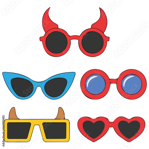 Funny party glasses masquerade sunglasses vector icons set