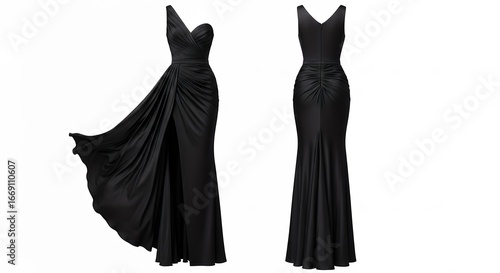 Elegant black evening gowns showcasing sophisticated draping and figure-flattering designs perfect for formal occasions and exclusive events