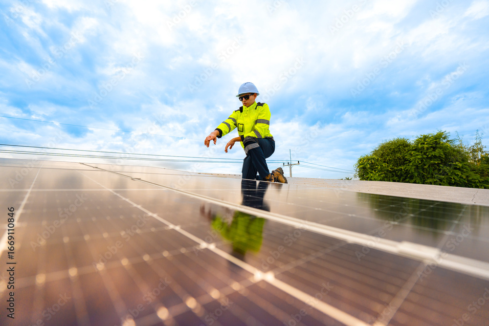 Obraz premium close up on grid of technology renewable solar energy. construction solar panels system on roof. Installing solar photovoltaic panel system. background of blue of solar cell system and structure roof.
