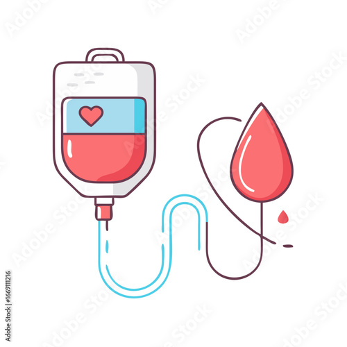 A stylized illustration of blood transfusion process and blood drop symbol
