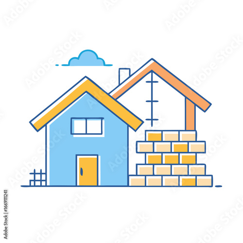 Digital Illustration of Two Houses, One with Brick Construction, Under a Cloud