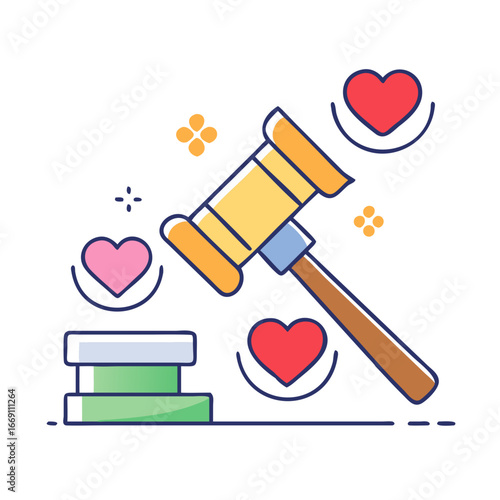 A cartoon gavel presiding over matters of the heart and love auction