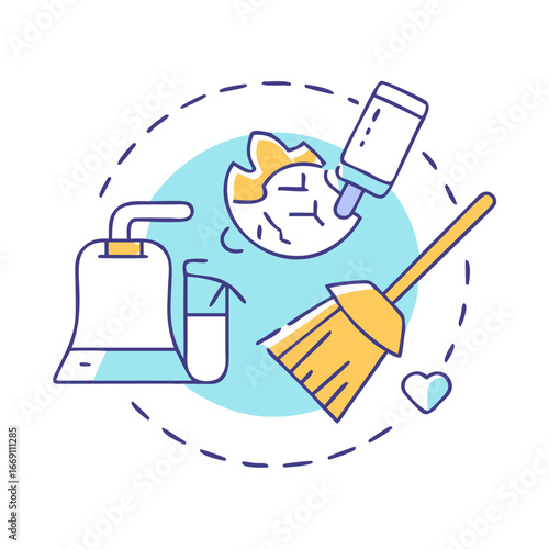 Conceptual illustration of home cleaning tools and accessories within a circle