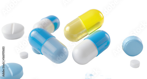 Close-up shot of various colorful capsules and tablets on a white surface pharmaceutical product image for healthcare and medicine concepts