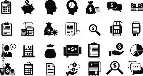 Accounting and Finance Icon Set – Calculator, Money Bag, Report, Payment, Budget, Analysis, Vector Clipart