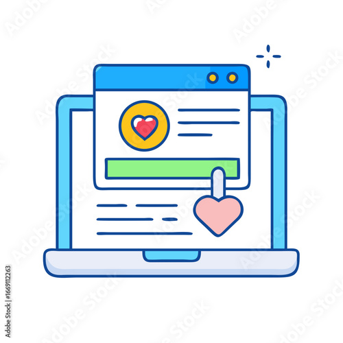 Cartoon illustration of a laptop displaying online dating or social media content