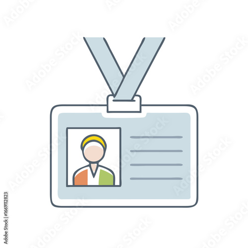 Stylized identification badge illustration featuring a lanyard and employee personal information