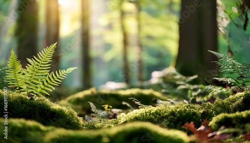 ferns and moss on a tranquil woodland floor with blurred background