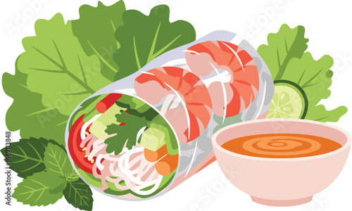 Vietnamese Spring Roll with Shrimp and Fresh Vegetables Illustration