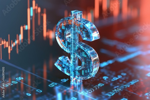 Digital Dollar Symbol with Stock Chart Background, Futuristic Financial Concept.